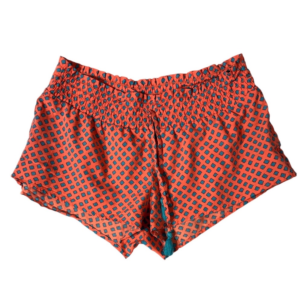 Aerie Smocked Waist Shorts Womens XS Orange Blue Diamond Print Tassel Boho